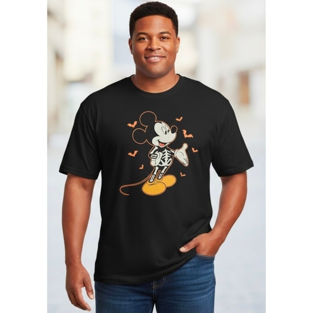 Disney Mickey Mouse Skeleton Halloween Black T Shirt‎ Men's 3XL Graphic Tee Bats